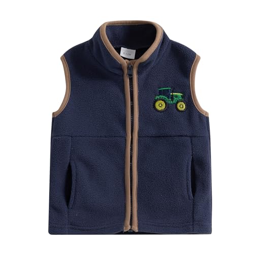Owl's-Yard Fleece-Weste für Kleinkinder, Jungen, leger, ärmellos, Traktor-Stickerei, Stehkragen, Reißverschluss, Weste, Mantel mit Taschen, Babyweste für Frühling und Herbst, marineblau, 6-12 Months