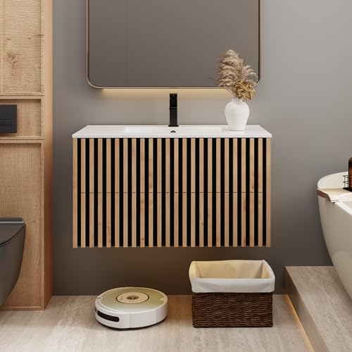 eclife 36' Floating Bathroom Vanity with Sink Combo, Modern Wall Mounted Cabinet with 2 Fluted Drawers, Undermount Sink, Faucet, Drain, Mixed Natural-1