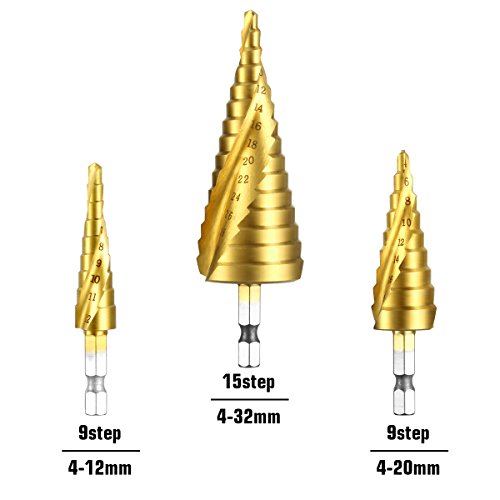 Qibaok Step Drill Bit Set With Automatic Center Punch, 3 Pcs Hss Titanium Hex Shank Step Cone Drill Bits For Plastic, Wood, Aluminum, Metal Sheet, Metric 4-12/4-20/4-32Mm #TOP1