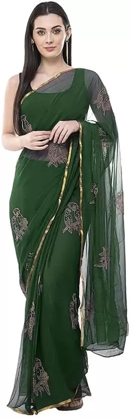 reboot fashions Women's Chiffon Parrot Beads work Chiffon Saree with Unstitched Brocade Blouse Piece-picture-49