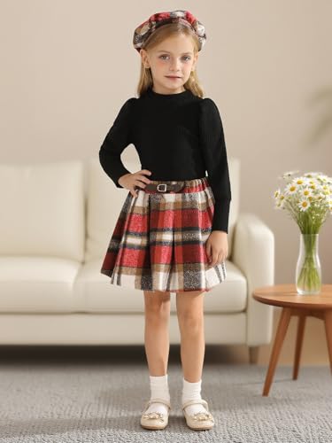 Image of Toddler Girl Outfits Puff Sleeve Ribbed Shirt Knitted Tops Pleated Plaid Skirt Set with Hat 3Pcs Fall Winter Clothes