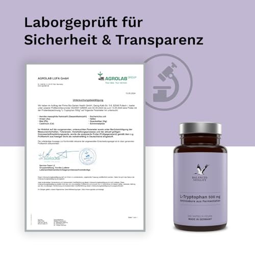 L-Tryptophan - Hochdosiert: 526 mg je Kapsel - 240 vegane Kapseln - 8 Monate Vorrat - Ohne Zusatzstoffe - Aus pflanzlicher Fermentation - Laborgeprüft - Balanced Vitality