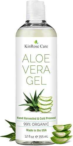 KinRose 12oz Organic Aloe Vera Gel for Face, Skin, Hair & Sunburn Relief - From 100 Percent Pure Aloe Vera - Cold Pressed, Vegan, Unscented - Made in USA.