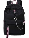 El-fmly Fashion Backpack with USB Charging Port for Travel Lightweight School Bookbags with Cute Letters Strap for Teenage Girls & Children (Black+Pink)