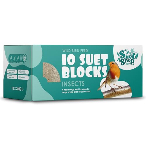 Suet Shop - Insect Suet Blocks for Wild Birds 300g (Pack of 10) - Enriched with Human Grade Beef Tallow High in Energy & Protein - All-Season Bird Feed - Manufactured In The UK