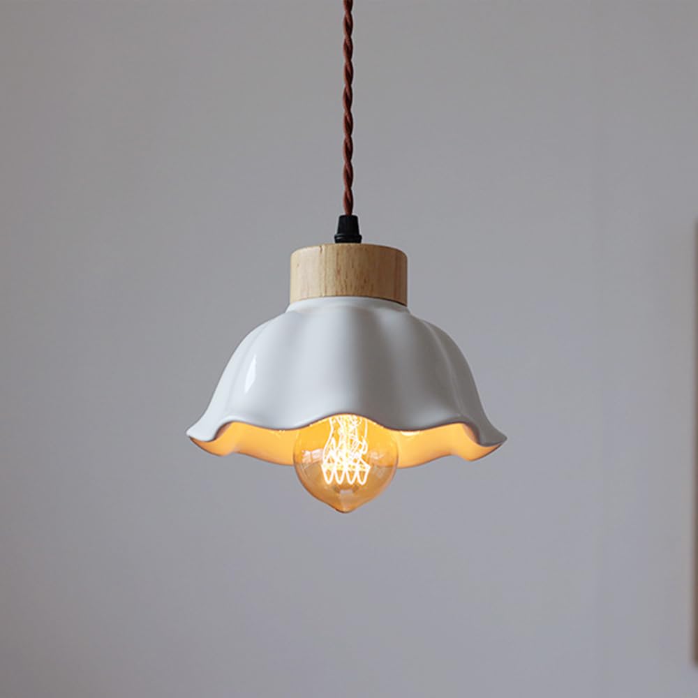 KXEcoLife Wood Pendant Light Ceramic Hanging Lamp Nordic White Kitchen Island Lighting Ceiling Lamps for Living Dining Room Bedroom Cafe Bar