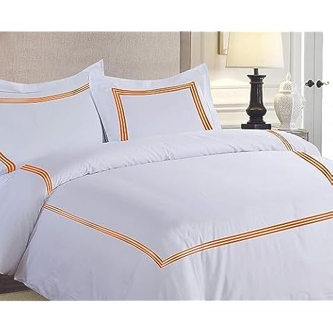 Divine Bedding Premium Hotel Quality Decorative On White Fabric 3 Lines Orange Embroidered 8 Pcs. 100% Cotton 600 TC Sheet Set, Duvet Cover, (88"X88") Bed Skirt 15" Drop Pocket Full XL Size Cover