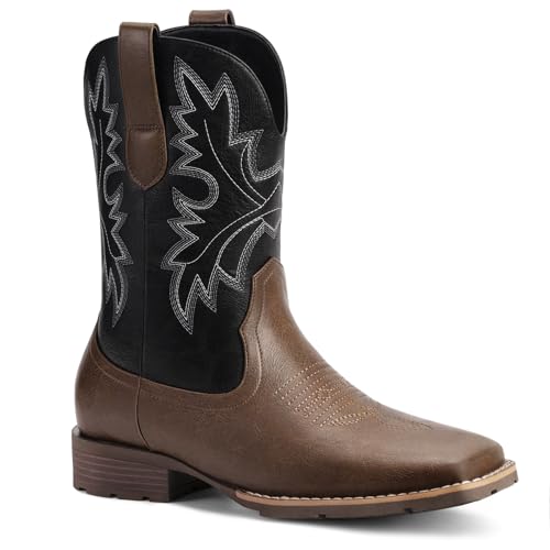 Image of Lumeheel Cowboy Boots for Men - Western Men's Boots with Classic Embroidered, Slip on Square Toe Boots, Slip Resistant Country Boots Chunky Heel Ankle, Durable Short Boots for Spring Fall