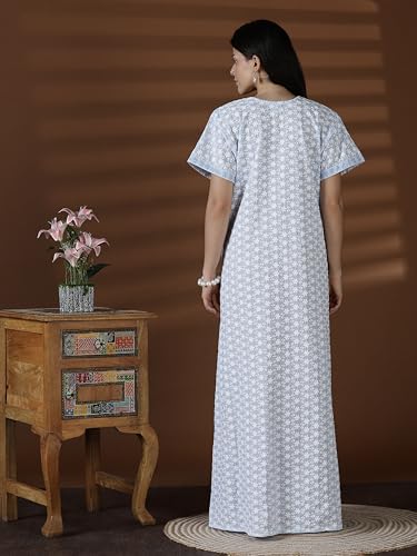 Image of 9shines Label Stylish Chikankari Cotton Nighty Maxi for Women | Full Length Nightgown | Nightdress with Pocket | Embroidery Nighty | Soft Comfortable Cotton Nightwear (1545)