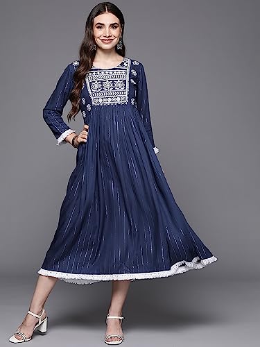 Image of INDO ERA Women's A-Line Striped Viscose Rayon Ethnic Dresses for Women