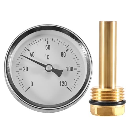 Termómetro bimetálico Ø63 mm 0 120 °C con conexión G1/2 y manguito de inmersión para tuberías de agua caliente, radiadores, sistemas de calefacción y calderas, termómetro analógico axial para medición