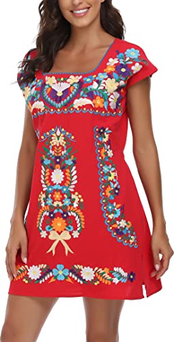 Image of YZXDORWJ Women Mexican Embroidered Dress Ruffle Collar Sleeveless