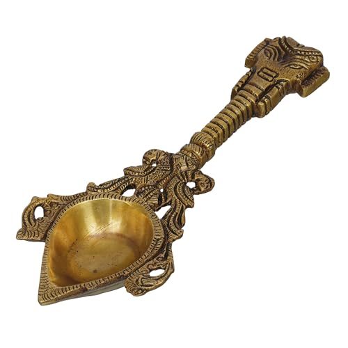 Image of eCraftIndia Golden Handcrafted Ethnic Design Brass Diya with Handle - Ideal for Home Pooja Mandir Temple for Ganesh Chaturthi, Navaratri, Diwali