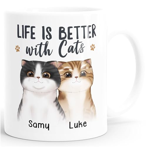 SpecialMe® Tasse Katze personalisiert (1-3) mit Namen Geschenk Katzenbesitzer Katzenmama Katzenpapa Katzenmotiv weiß standard