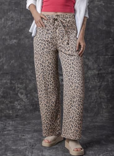 Women's Leopard Baggy Jeans High Waisted Drawstring Straight Leg Denim Pants Casual Barrel Jeans3