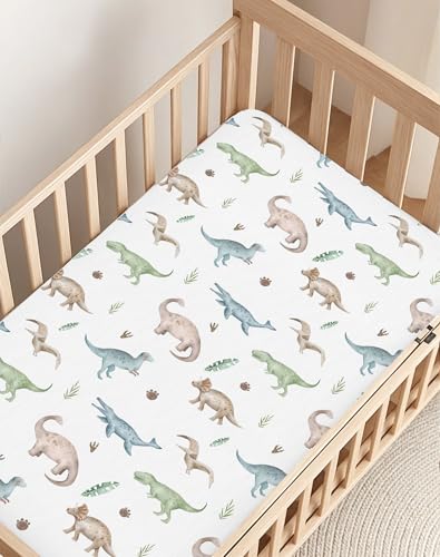 Image of Crib Sheets for Boys and Girls, 2 Pack Fitted Baby Sheets for Standard Toddler Mattress 28 inch x 52 inch, Soft Breathable Jersey Knit Baby Bedding (Dino Pals)