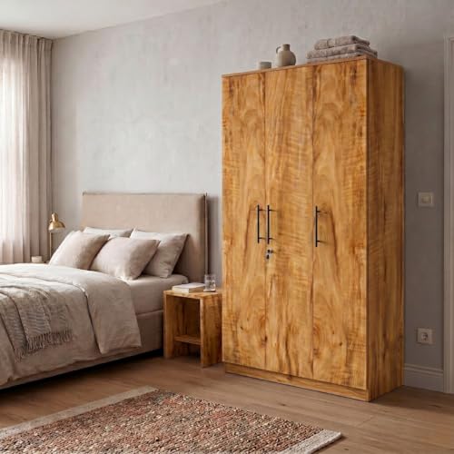 Image of FFO Metrix 3 Door Wardrobe for Bedroom | Black Wooden Almirah with Hanging Rod, Shelves & Lock | Spacious Clothes Storage Cabinet for Home, Bedroom, Hostel & Office | Modern Engineered Coach Wood DIY.