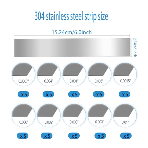 Image of 50 Pcs Shim Stock Assortment 0.007 inch-0.01 inch Thickness 1 inch Wx 6 inch L | 304 Stainless Steel ,Metal Shims for Leveling Filler Trim, DIY & Industrial Use