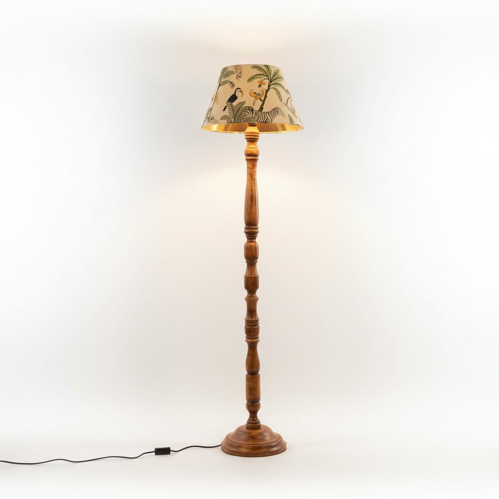 Modern Wooden Floor Lamp with Fabric Shade Tall Standing Light for Living Room & Bedroom