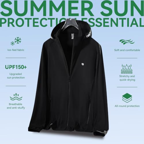 Image of Venzina UPF 150+ Sunscreen Jacket for Men, UV Sun Protection Jacket with Cool Feel Quick Dry Fabric, Sun Hoodie with Removable Hat & Zip Pocket for Driving, Camping, Riding
