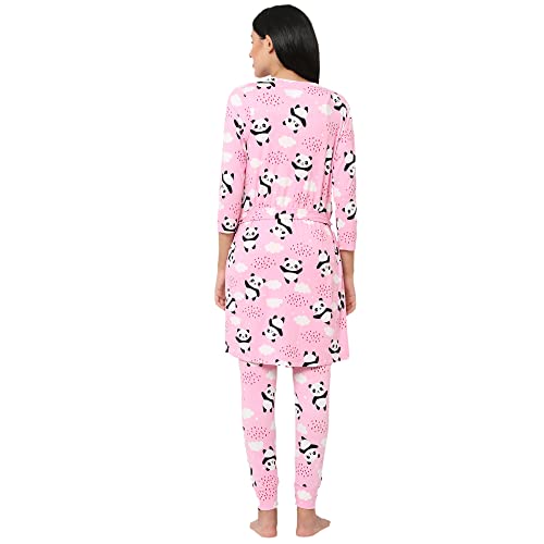 Image of Sweet Dreams Women Printed Lapel Collar 3 /4th Sleeve Poly Brush Robe, Slip & Pyjama Set