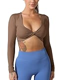 ABOCIW Workout Crop Tops for Women Long Sleeve Sexy Twist Front Deep V Neck Athletic Tops Padded Bra Low Medium Impact Fitness Yoga Gym Cropped Tank Tops Brown Small