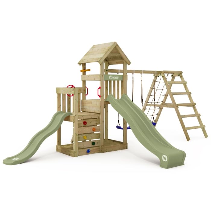 Wickey Torre de juego Skyflyer 120 y 90 con tobogán verde pastel y lona verde pastel – Dispositivo de juego con escalada para el jardín