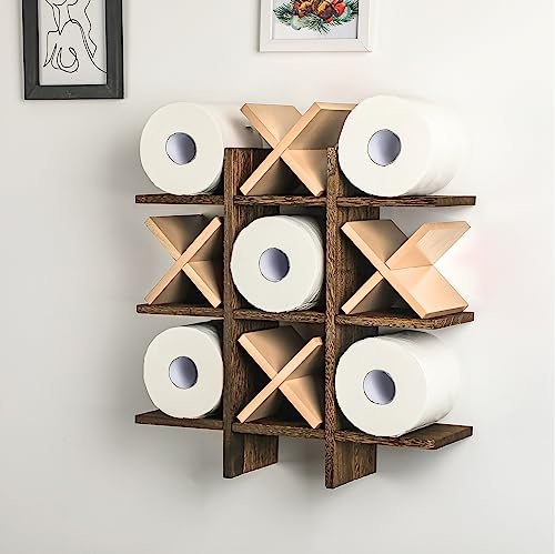 Weysat Tic Tac Toe Toilet Paper Holder Stand Bathroom Wall Decor Rustic Wooden Hanging Storage Freestanding Wall Mounted Shelves Decor for Toilet Tissue Farmhouse