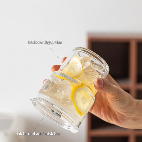 INSETLAN 380ml Glatt Glasbecher mit Deckel und Strohhalm,2 Stück Luftdicht Wasserdicht Design Matcha Gläser, Trinkbecher mit Deckel und Strohhalm Travel Mug, Eiskaffee Becher – Bild 2