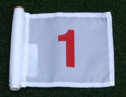 Set of Red Numbered #1, #2, #3, #4, and #5 each printed on a solid White Jr. (8" L x 6" H) 400 Denier Pin Marker Flag For Golf & Putting Green Applications