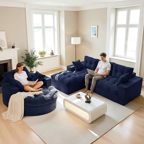Image of MAXYOYO L Shape Sectional Sofa Couch and Round Chaise Lounge, Modern Cloud Couch with Ottoman, Comfy Sofa with Layered Cushion, Tufted Upholstered Sleeper Chair for Living Room, No Assembly Required