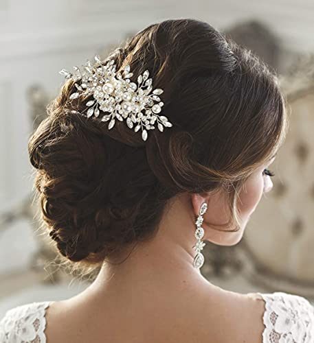 Peonies & Lace Pearl Bridal Hair Comb | Silver Wedding Hair Pieces | Wedding Headpieces For Brides And Bridesmaids | Rhinestone Hair Accessories For Women And Girls #TOP2