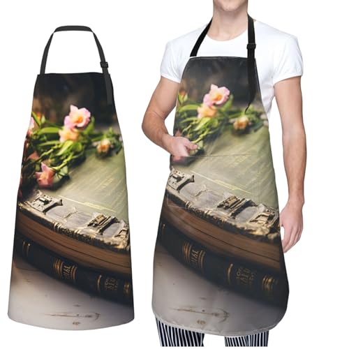 GFLFMXZW Apron for Women Men Waterpoof Aprons Old Book Adjustable Bib Work Aprons for Dishwashing
