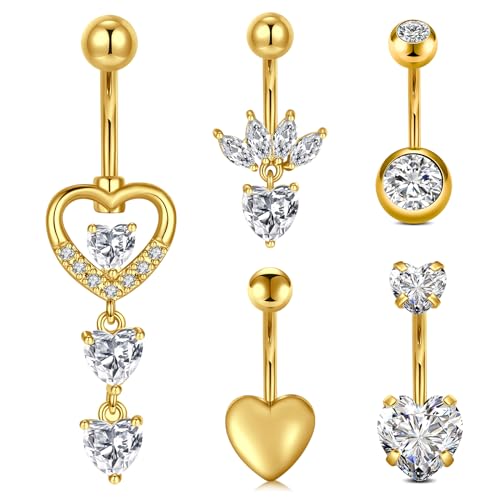 MODRSA 14G 10mm Piercing Ombligo Mujer Oro Piercing Ombligo Acero Quirurgico Corazón Colgando Piercing Ombligo Vientre Anillo Joyas para el Cuerpo