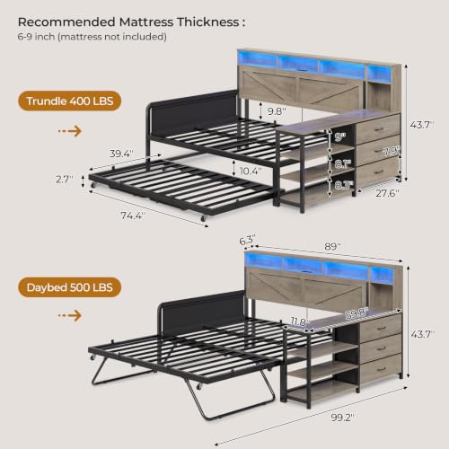 Image of MSmask Daybed with Trundle & 3 Storage Drawers, Full Size DayBed Frame with Headboard & Charging Station, Farmhouse Wooden Bed Frame with LED for Bedroom and Guest Room, Grey