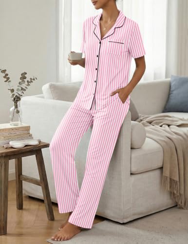 Image of Womens Pajamas Sets 2 Piece Button Up Pj Sets Short Sleeve with Long Pant