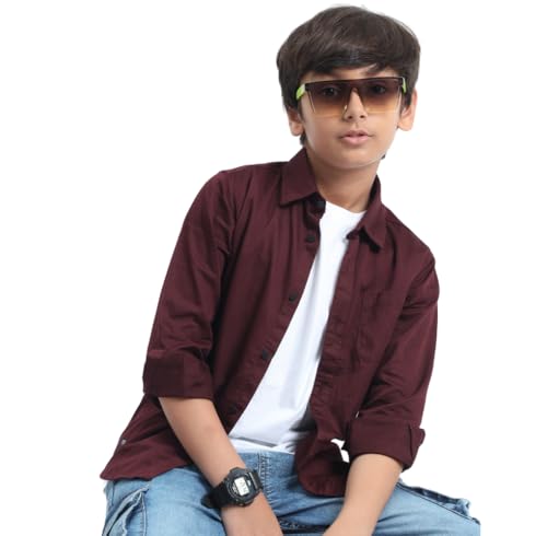 Image of Red Nine Rocket Science Boys' Solid Satin-Finish Poly Cotton Shirt | Single Pocket, Spread Collar, Long Sleeve, Casual