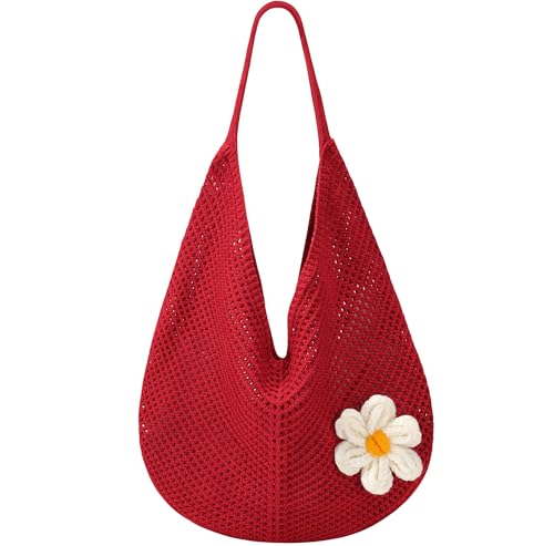 Image of Premillow Crochet Beach Bags for Women, Summer Beach Tote Bag, Mesh Cute Beach Purse, Aesthetic Knit Bag Handbag Shoulder Bag