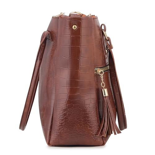 Image of AVERAA Medium Capacity Croco Pattern Tote Bags For Womens Big Purses And Handbags Ladies Big Shoulder Bag | Office Bag for Women, Ladies Bag Stylish Branded, Leather Bag for Women, Women Office Bag | Chic Croc Texture, Dual Carry Style, Rich Tan Finish, Spacious Interior, Secure Zip Closure, Adjustable Strap