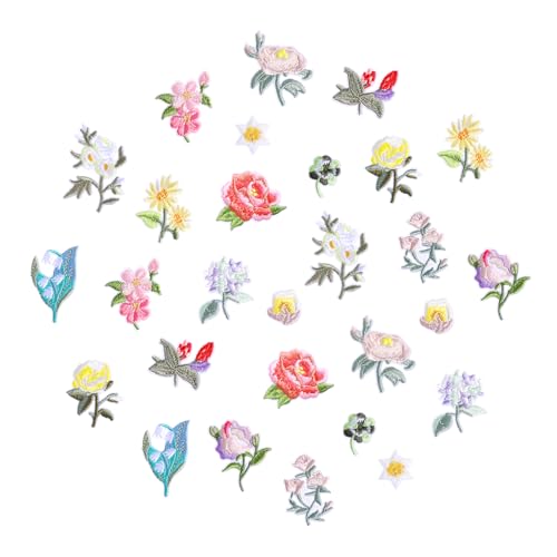 Bewudy 28 parches de flores pequeñas para planchar, 14 patrones, parches bordados decorativos de flores rosas, parches de costura, bonitos apliques bordados florales pequeños para ropa, sombreros