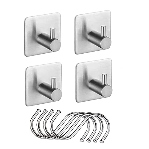 ABWXN Handtuchhaken Ohne Bohren Haken Selbstklebend 4 Stück und S Haken 4 Stück, Kleiderhaken Edelstahl Klebehaken für Badezimmer, Küche und Büro - Silber Cover