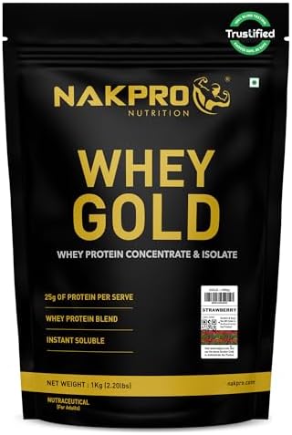 NAKPRO NUTRITION Gold Whey Protein Concentrate & Isolate 1kg Strawberry flavour | 25.5g Protein, Trustified Certified