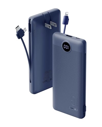 VRURC Portable Charger Built-in Cables and AC Wall Plug, USB C Power Bank 10000mAh, Travel Battery Portable Phone Charger Compact Lightweight External Battery Pack for Smart Phones, Tablets etc-Navy