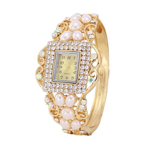 Weicam Women Bracelet Square Dial Quartz Bangle Wrist Watch Lady Diamond Pearl Jewelry Watches Gold Color, Gold, Modern