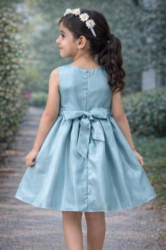 Image of Buy & Try Girls Frock Dress Crystal Moti Embellished Sleeveless Butterfly Design | Knee Length Birthday Dress for Kids with Zipper Closure