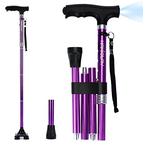 KAKICLAY Folding Walking Cane with LED Light for Men & Women, Foldable Lightweight Heavy Duty Aluminum Walking Stick for Seniors & Adults (Purple)