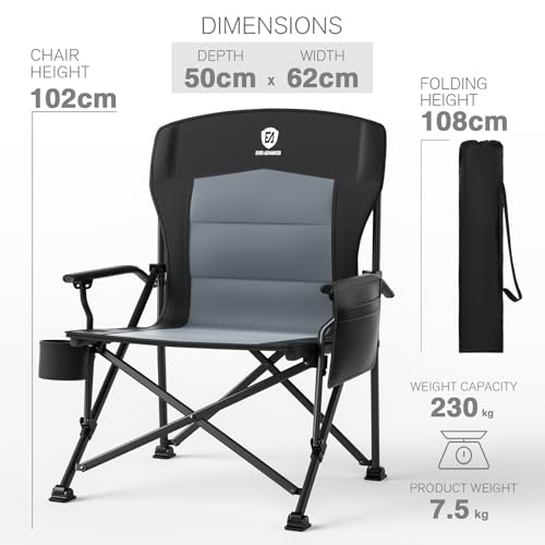 EVER ADVANCED Camping Chair for Adults Oversized 230KG, Folding Chair for Heavy People with Side Pocket, Heavy Duty Extra Wide with Hard Armrest Foldable Garden Fishing Outdoor Fold up