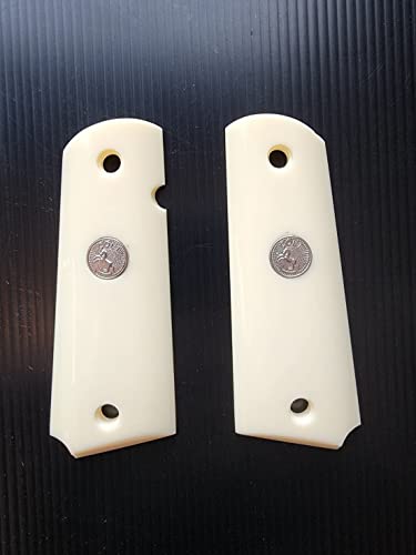 [BMPL] Ivory White Resin Gun Grips Compatible Replacement for 1911 Full Size, Government, Full Size Clones, Polyester ,Silver Medallion ,Thai Handmade, White Ivory