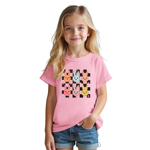 Image of SOFEON Kids Girls Easter Shirt Cute Bunny Graphic T-Shirt Funny Rabbit Flower Short Sleeve Tees Happy Easter Gift Tops