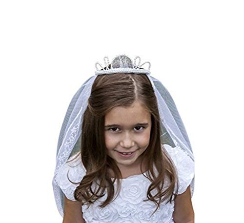 First Communion Veil for Girls - White Beaded Tiara with Tulle, 21 Inch - Thumbnail 3